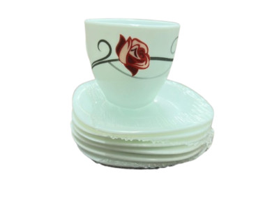 Opalglas Rot Rose Weiß Tasse & Quadratische Untertasse Set 12 Teile Teetassen Kaffee 200ml