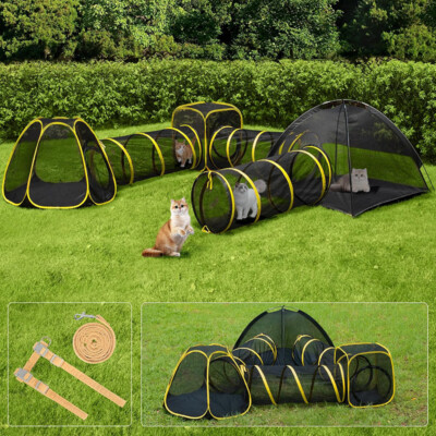 Outdoor Cat Enclosures 6-in-1 Cat Tent Portable Large Playpen& Tunnel Playhouse
