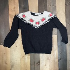 DONAGAIN Vintage Women's SMALL Angora Wool Sweater BLACK WHITE Floral