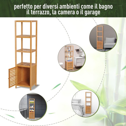 HOMCOM Mobile Alto Bagno/Terrazzo in Bambù 4 Ripiani + Armadietto 36x33x140cm - Foto 7 di 10