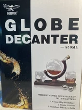 New Ponpur Etched World Map Globe Decanter Set Glasses Wood Stand Whiskey Balls