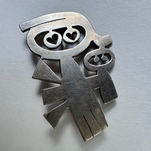 Vintage Sterling Silver Modernist Mother & Baby Mik Stousland Brooch Signed