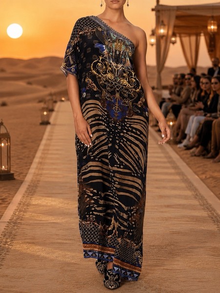 CAMILLA-O/S-THE NIGHT WE MET ROUND NECK 100% SILK LONG KAFTAN BLACK MAXI DRESS
