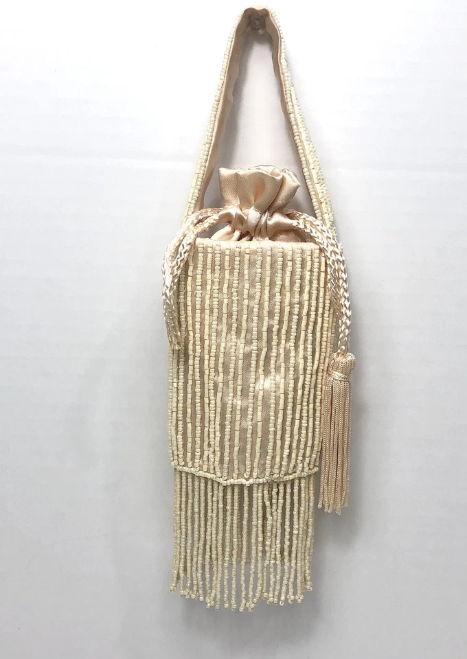 Art Deco Drawstring Beige Glass bead Flapper Purse Bag Pouch Silk 4” - Image 2 of 4