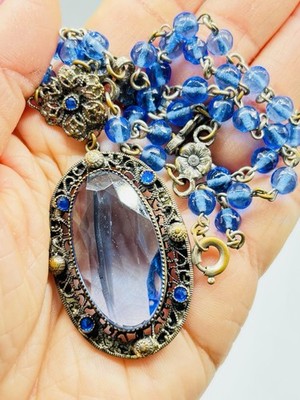 Vtg Unmarked Czech? West Germany? Blue Glass Beads Pendant Necklace
