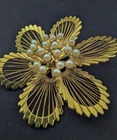 Monet Faux Pearl Wire Flower Brooch Pin 1960's Costume Jewelry Signed Vintage