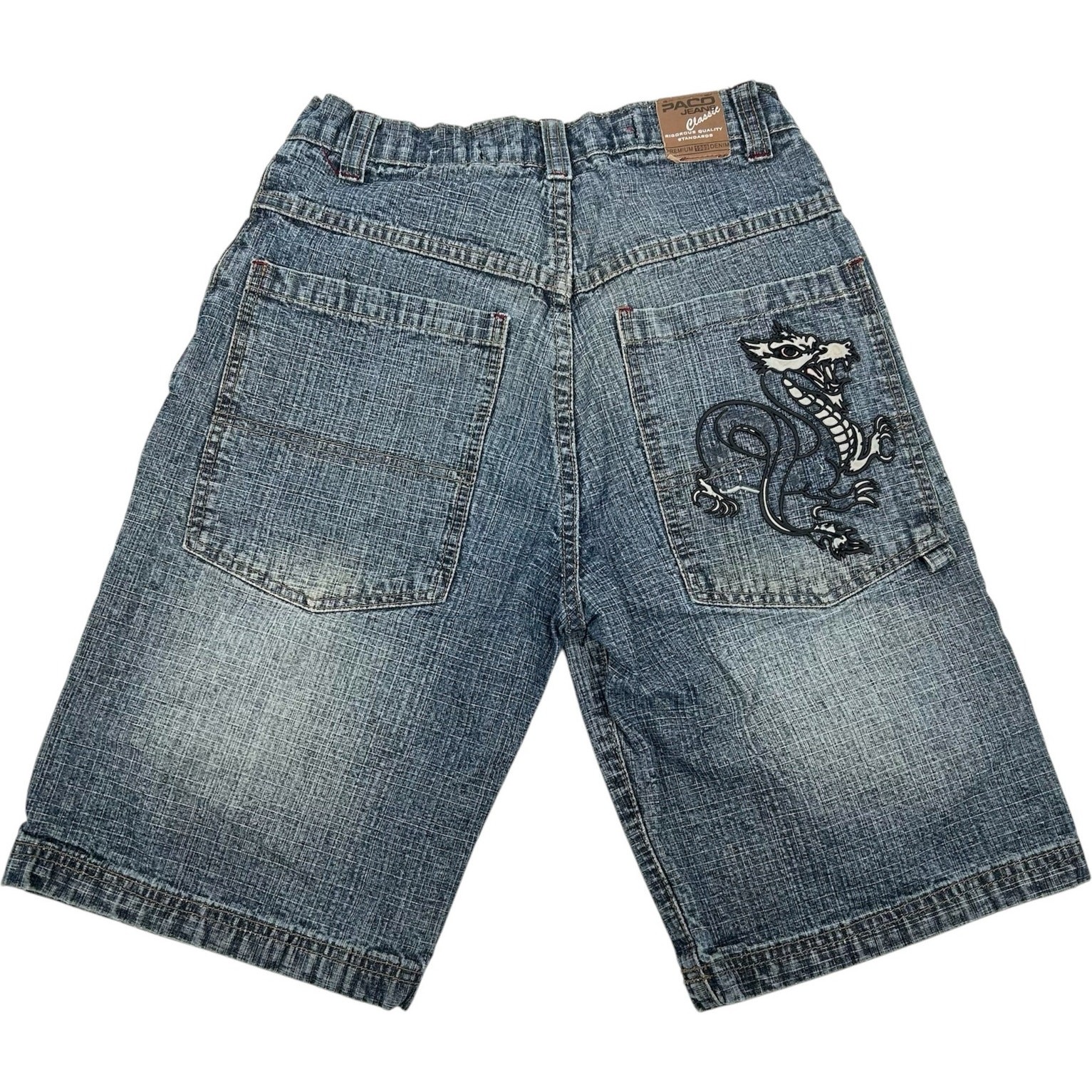 VTG y2k Youth Paco Jeans Chinese Dragon JNCO Style Blue Denim Jean Shorts Sz 14