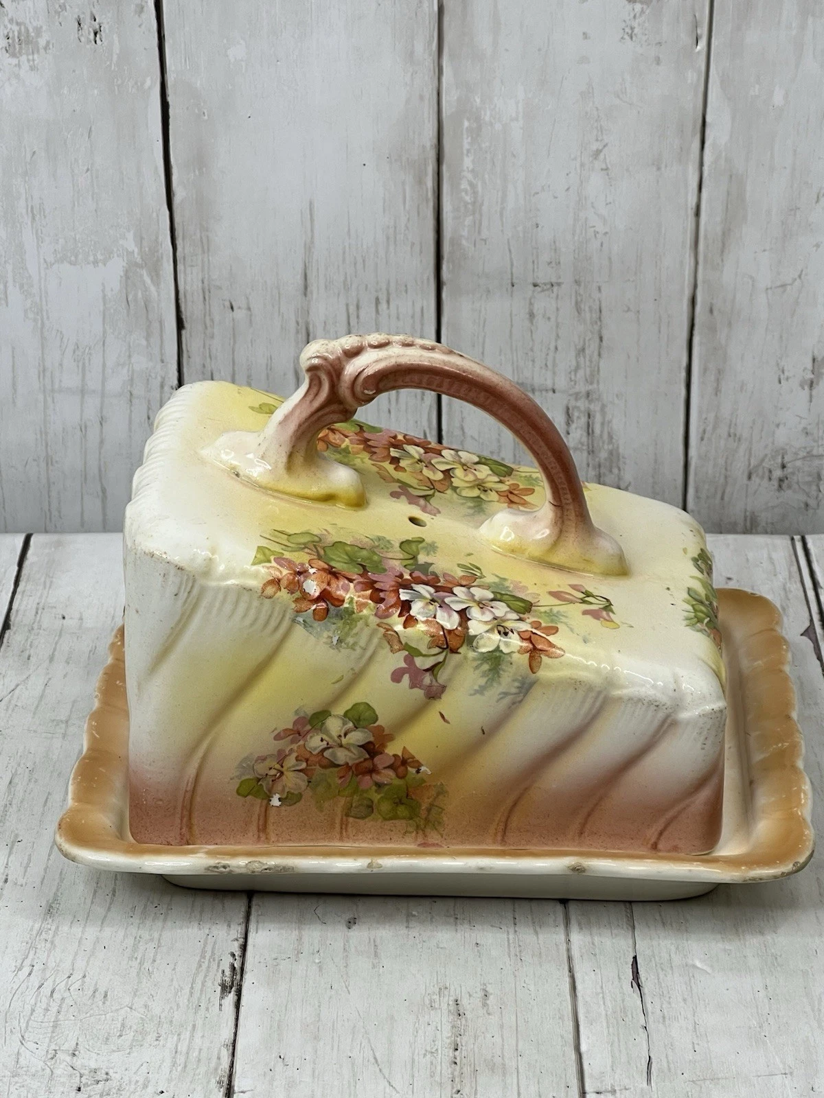 VTG Covered Cheese Butter Cover Dish Plate w/ Handle Yellow Floral Imperfect