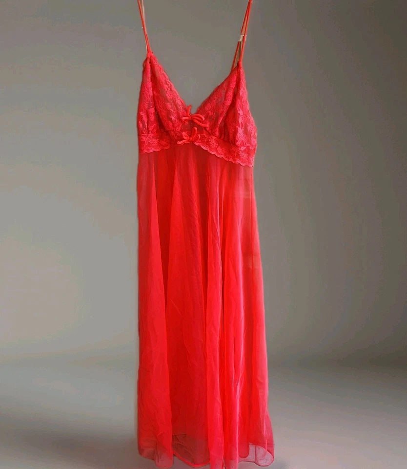 Vintage 50s Red Peignoir Set S M Chiffon Lace Long Robe & Nightgown Full Sweep - Image 3 of 4