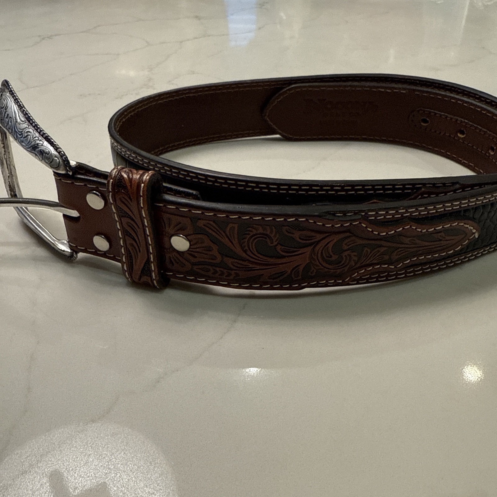 Nocona Belt Co Men's Tooled Western Belt- Size 34 -Brown/Black w/ Silver Buckle