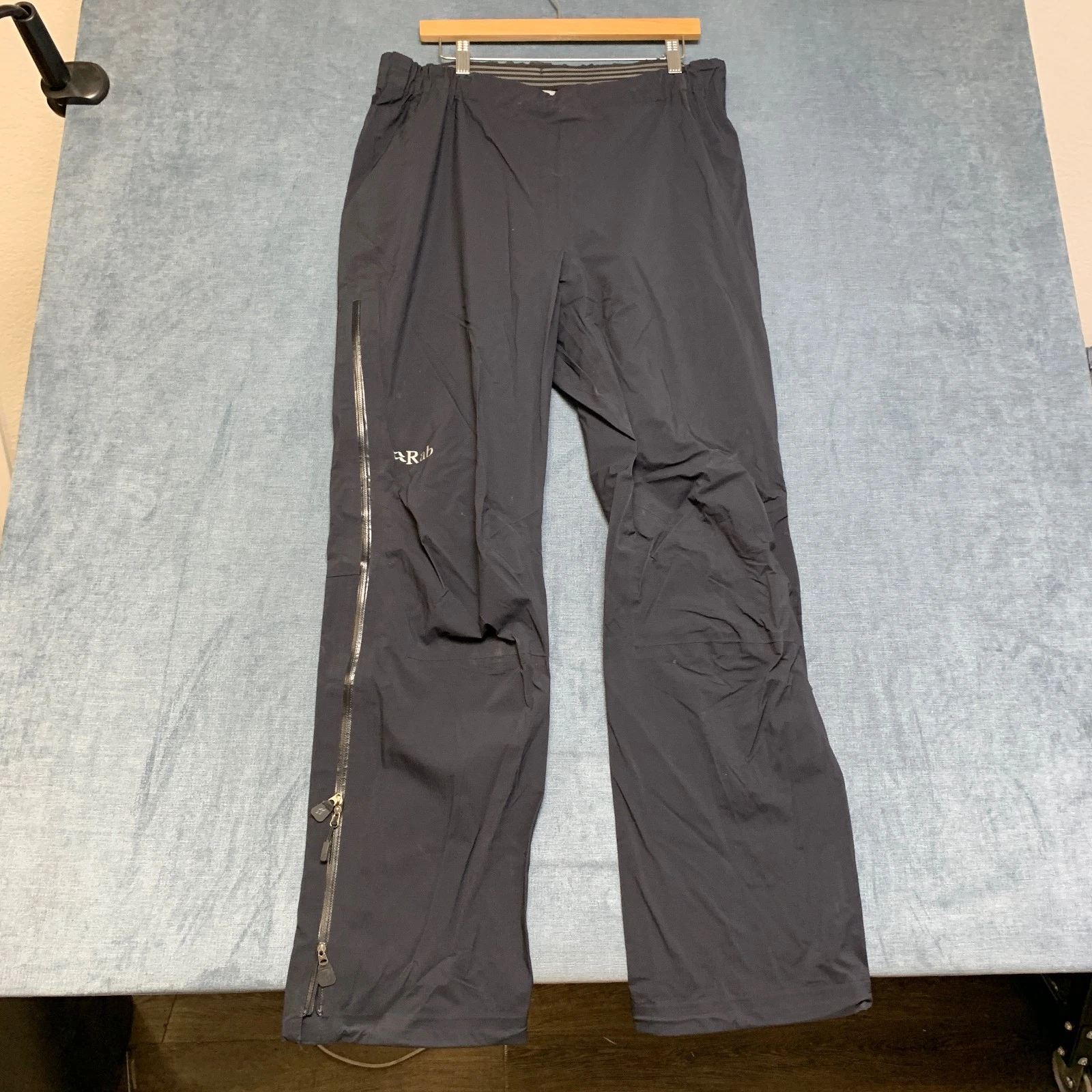 Rab Pertex Shield Rain Pants Mens XL Black Straight Leg Ankle Zip Elastic Waist