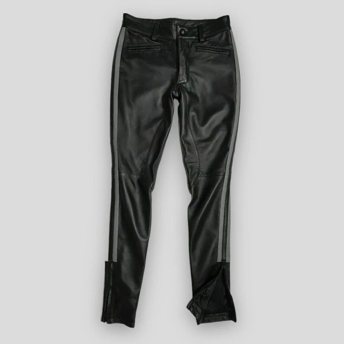 Men's Real Black Lambskin Leather Grey Straps Leather Pant Biker Sexy Gay