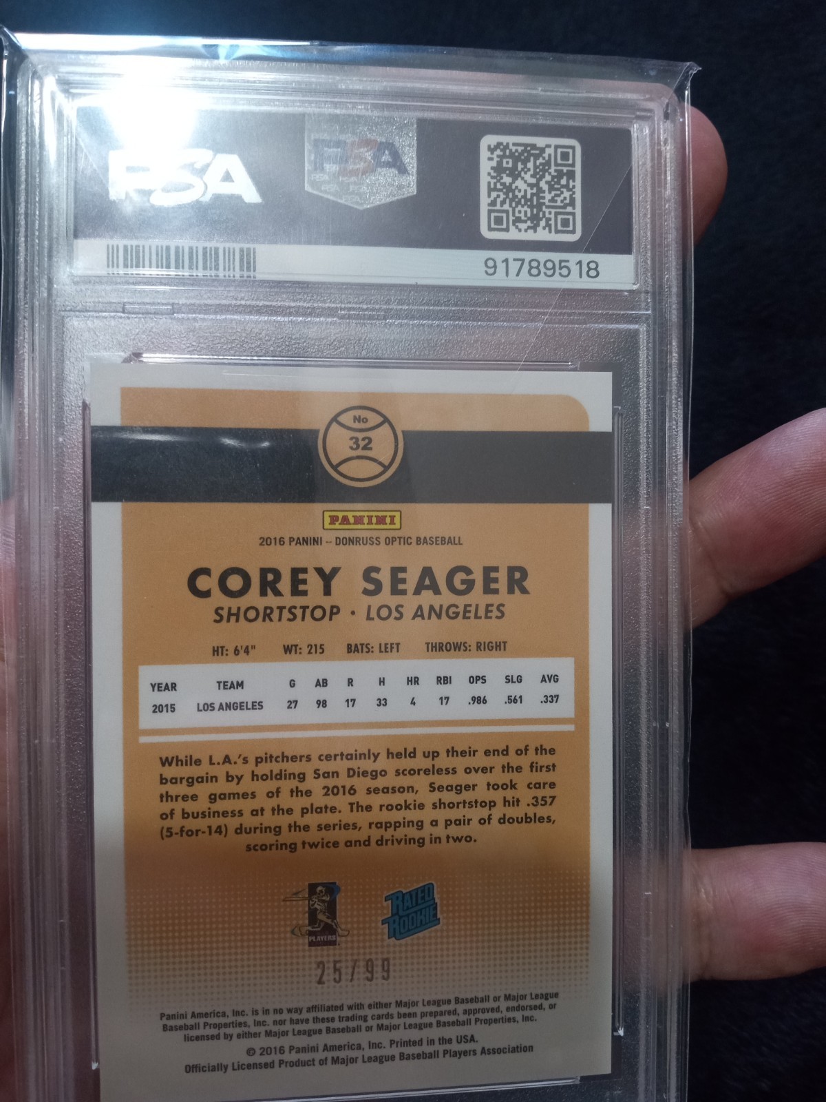 Corey Seager 2016 Optic Rated Rookie Red Prizm /99 PSA 10 Gem Mint 💎 #32 view 2