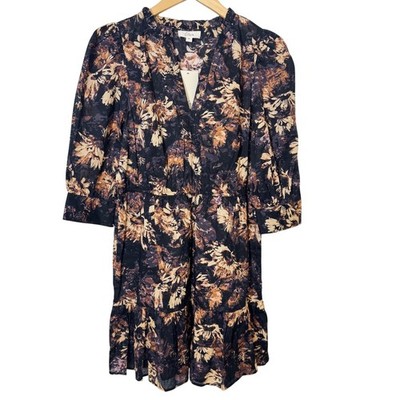 Elan NWT Dress Medium Floral Puff Half Sleeve V-Neck Ruffle Dress Black Brown
