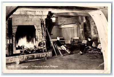 Timberline Lodge Oregon OR Postcard RPPC Photo Ski Lounge Sawyers c1950's