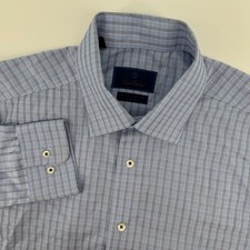 David Donahue Dress Shirt Mens 16.5 32/33 Blue Check Trim Fit Luxury Non Iron