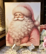 Pink Santa Portrait, Shabby Chic Christmas, Handcrafted Plaque / Sign