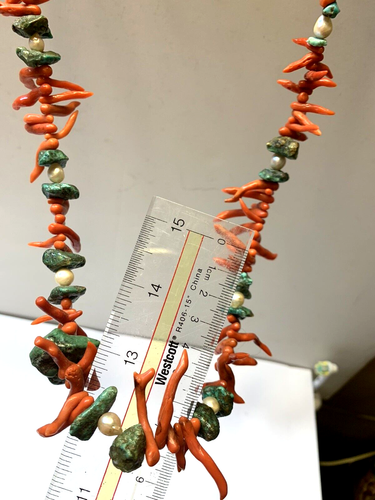 STICK CORAL & TURQUOISE, PEARLS NECKLACE ORIGINAL DESIGN JAN CARLIN - Picture 14 of 19