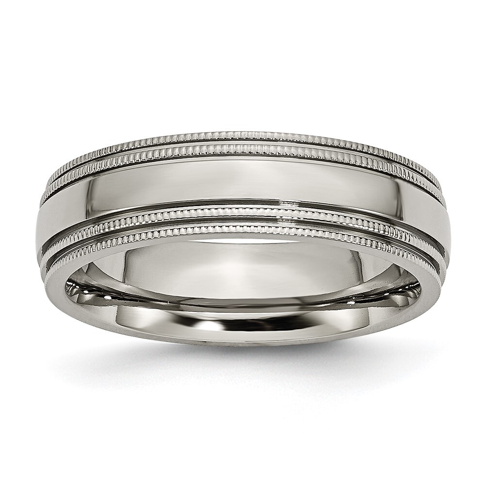 Titanium Polished 6mm Grooved and Beaded Edge Band Ring Size 12