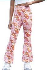Girls Sz 10 Bell Bottom Flare Boho Floral Elastic Waist Stretchy Long Pants