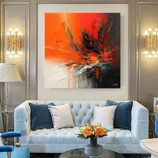 Hand Painted Abstract Black With Red Oil Painting On Canvas Thick Textured