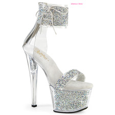 Sexy SANDALI Argento Cavigliera Tacco 18 35/40 STRASS plateau Zip GLAMOUR