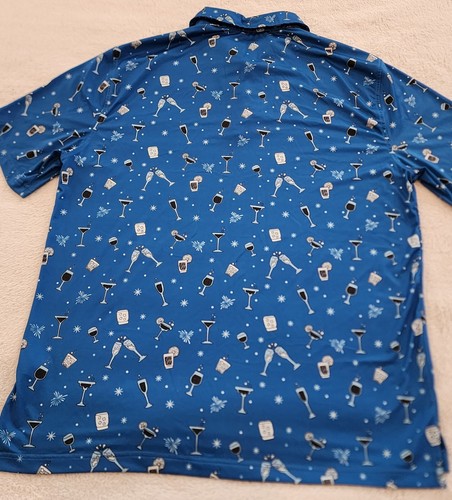 1764 Mens Golf Polo Shirt Size Large Blue Wine Glasses/ Martini Allover B15 - Picture 9 of 9