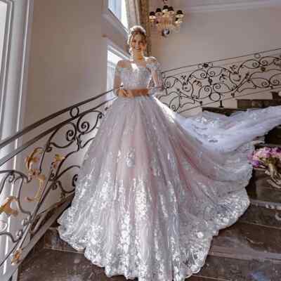 Luxury O-Neck Wedding Dress Long Sleeves Beaded Applique Button Back Bridal Gown | eBay Luxury O-Neck Wedding Dress Long Sleeves Beaded Applique Button Back Bridal Gown | eBay