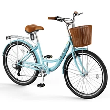 MOONCOOL Beach Cruiser Bike for Adult 24 inch 7 Speed Commute Bike With Basket