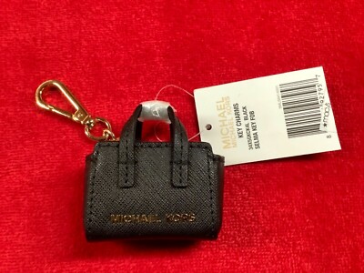 Michael Kors Selma Black Saffiano Leather Purse Key Fob Charm Gold