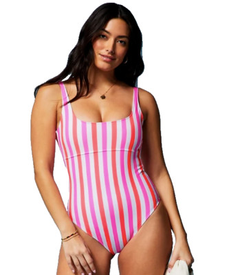 FABLETICS Sunset Scoop One-Piece Swimsuit Size Medium Neon Candy Stripe