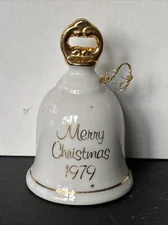 Vintage Enesco Merry Christmas 1979 Fine Porcelain Dinner Bell White W/Gold Trim