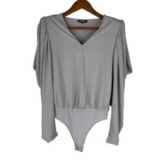 Express Bodysuit Size XS V Neck Long Puff Sleeve Gray Polyester Blend Cocktail