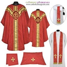 Red gothic vestment stole & 5 pc mass set ,Gothic chasuble,casula,casel NEW