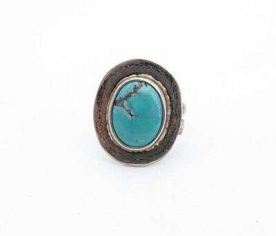 MEXICO 925 Silver Vintage Turquoise Smooth Oval Cocktail Ring Sz 6