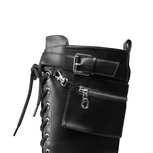 Damen Kniehohe Stiefel Combat Schnürung Herbst Stollensohle Gothic Motorradstiefel - Bild 4 von 12