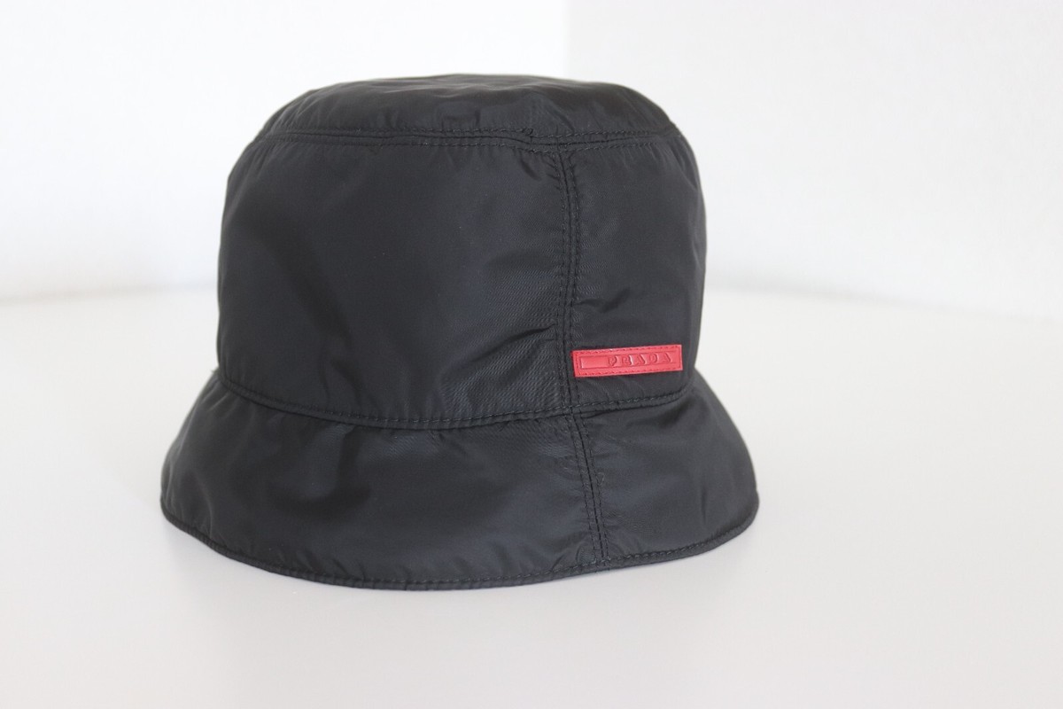 PRADA Rare Linea Rossa 90s 00s Bucket Hat Black Nylon size M Made 