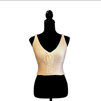 MYD Basic Knit Crop Top Cream Lace Up Corset Front Boho Festival Tank OS New
