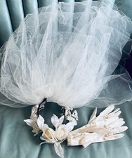 Vintage Welon ślubny Nakrycie głowy i jedwabne rękawiczki 