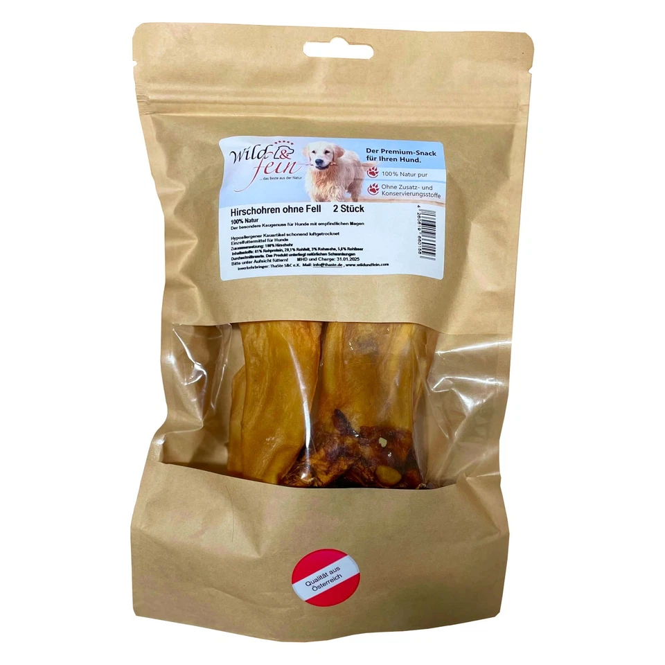 Wild & Fein Hundesnack Hirschohren ohne Fell - 2 Stück Knabbersnack Belohnung