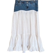 Denim Waist White Maxi Tiered Skirt Size 10 Country Cowgirl Prairie Peasant