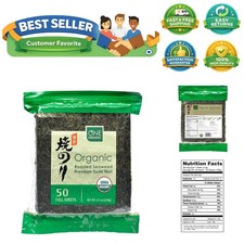 Sushi Nori 50 Sheets - USDA Organic Low-Cal Seaweed for Delicious Dishes