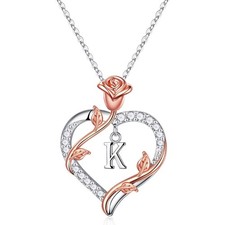 Rose Heart Initial Necklaces Gifts for Women, Letter K Initial Necklaces Rose...