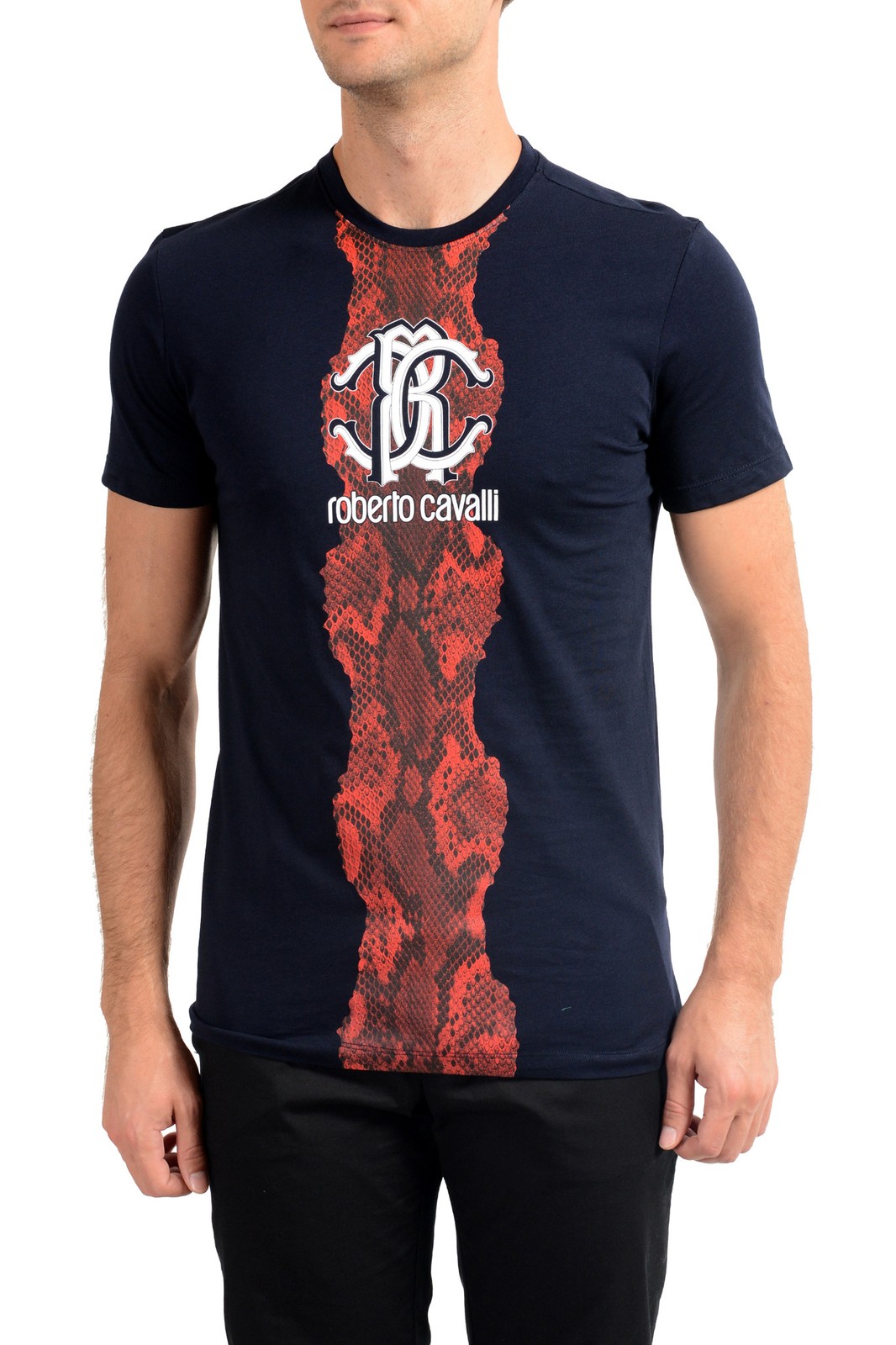 Мужская темно-синяя футболка Roberto Cavalli с круглым вырезом и графическим принтом размеры S M L XL 2XL 9790₽