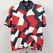 Tommy Hilfiger Polo Shirt Mens XL Red Blue Geometric Allover Custom Fit Logo