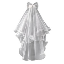 Girls Communion Veil Bow Embellished with for Rhinestone Metal Hair Comb Tulle V