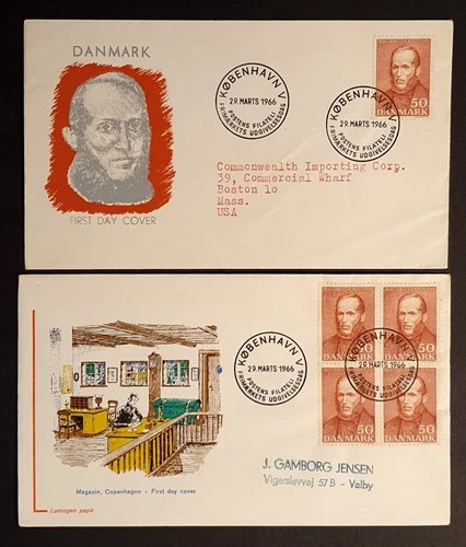 Denmark Stamps 1966 Christen Kold 150th single & block of 4 first day covers