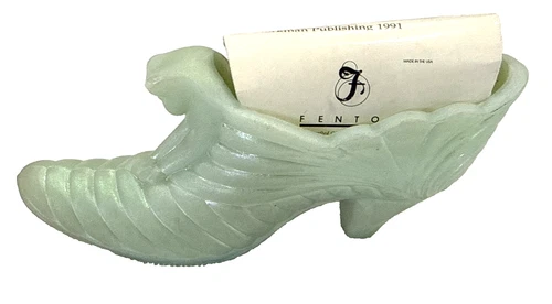Fenton Vintage Jadeite Pearl Green Cat Head Shoe Slipper With Stickers