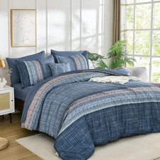 Blue Comforter Set Full Size, 8 Pieces Boho Striped Bed in a Bag Soft Microfiber