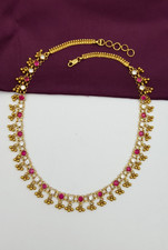 Solid Gold Choker Necklace Ruby CZ Dangle Beads Indian Ethnic Bridal Jewelry 22K